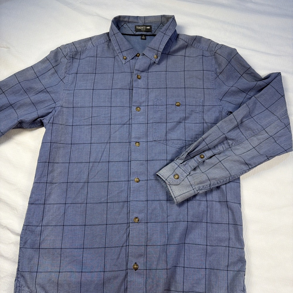 Toad&Co Mens Slim Fit Organic Cotton Button Down Shirt Blue Windowpane Plaid M